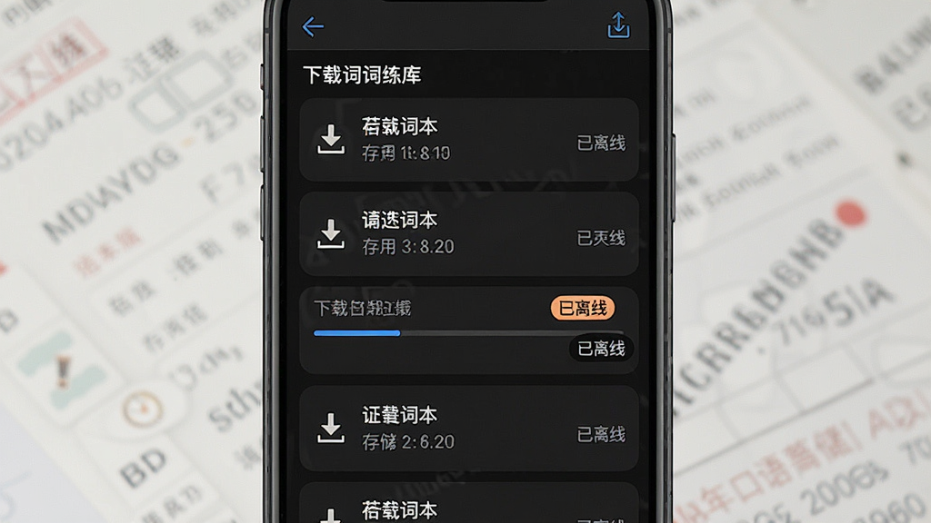 一张背单词练口语离线下载管理界面的手机截图,主体是手机屏幕,显示已下载词库列表和下载进度条,标注