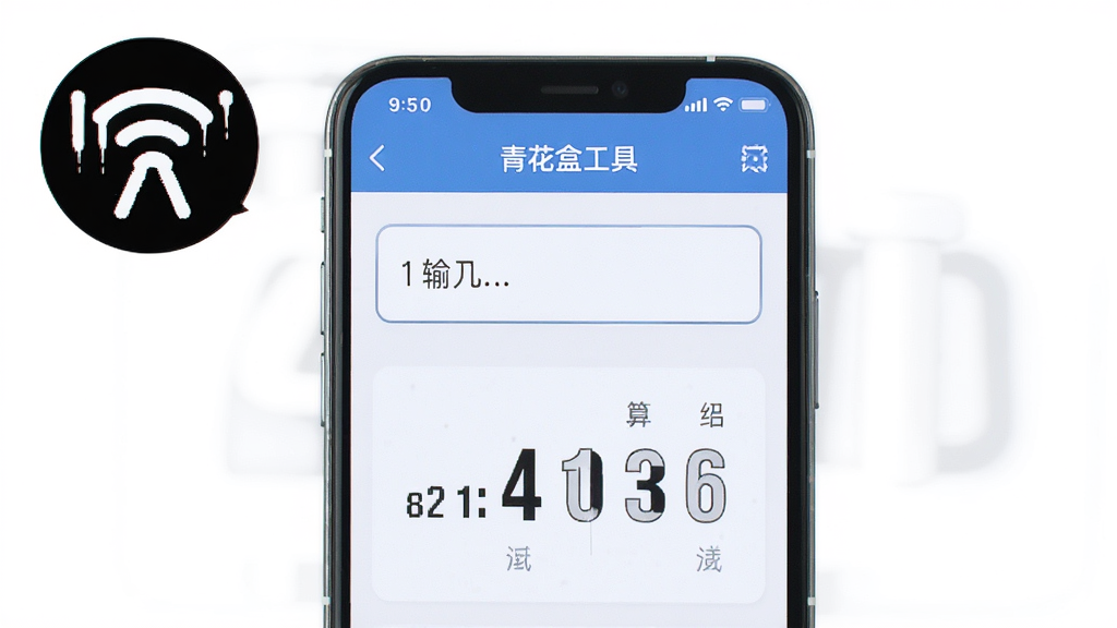 青花盒离线工具使用场景图,主体为一部手机在无网络标识下显示单位换算界面,布局为上方输入框、下方结果展示,风格简约实用,细节上界面清晰、数字醒目,画质高清,干净无多余元素