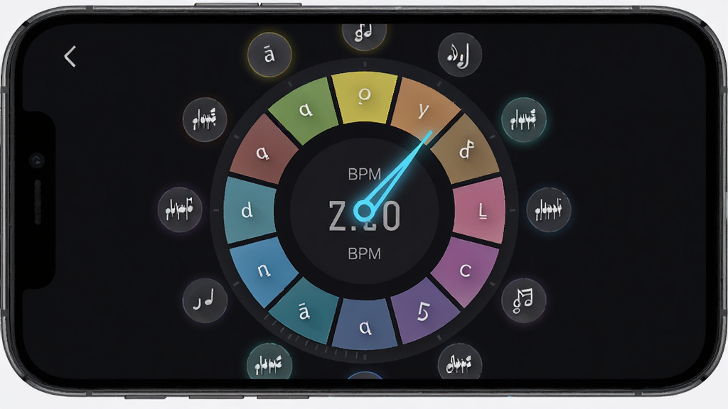 DeepChords���Լ�ⱨ����棬�ֻ���Ļ������ʾԲ�ε���������BPM��ֵ����Χ������������ͼ�꣬����Ϊ���жԳƣ����Ƽ��������ָн�ϣ�ϸ�ڰ�������ָ���뽥��ɫ�ʣ����ʸ��壬�ɾ����޶���Ԫ��