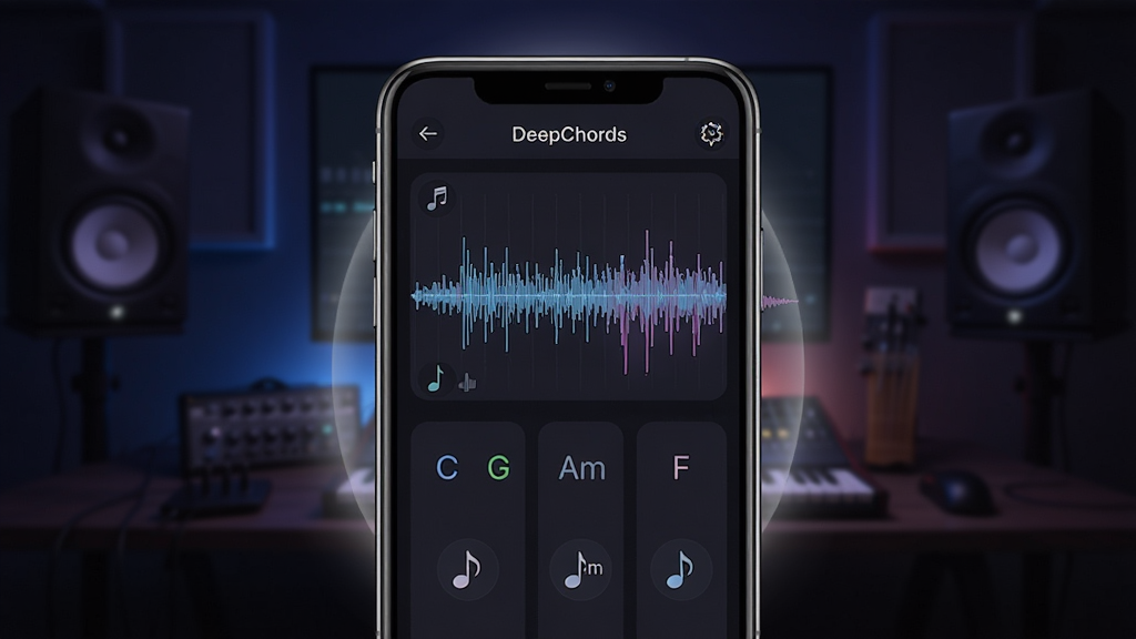 һ��չʾDeepChords��������ĸ���ͼ������Ϊһ�������ֻ���Ļ����Ļ����ʾ����Ƶ���������������C��G��Am��F��ʶ����������Ϊ���е��ֻ�������ͼ������Ϊ��ɫ�������ֹ����ҷ�Χ������ִ��Ƽ��У�ϸ�ڰ�������ͼ�ꡢƵ����������͹��Σ����ʸ��壬�ɾ����޶���Ԫ��