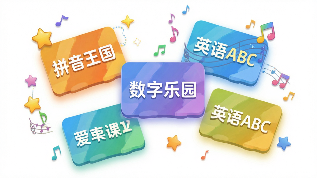 ���׿� ��ͯ��γ̽��棬���������������ڿ��еĲ�ɫ�γ̿�Ƭ����Ƭ�Ϸֱ��ע��ƴ����������������԰����Ӣ��ABC������������Ƭ��Χ�����Ǻ�����װ�Σ����ֲ��ô������µ�Ư�����У����Ϊ��ƽ����ͨ��ƣ�ϸ�ڰ�����Ƭ��Ե�������Ӱ�ͷ���Ч��������Ϊ����ʸ��ͼ���ɾ��޶���Ԫ�ء�