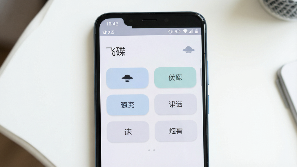 主体为一部安卓手机屏幕特写,屏幕上显示“飞碟”软件主界面,界面干净只有几个功能按钮;布局为手机居中,背景为白色桌面;排版上按钮排列整齐;风格为扁平化UI设计;细节包括按钮圆角、浅色背景、顶部状态栏;画质清晰,干净,无多余元素