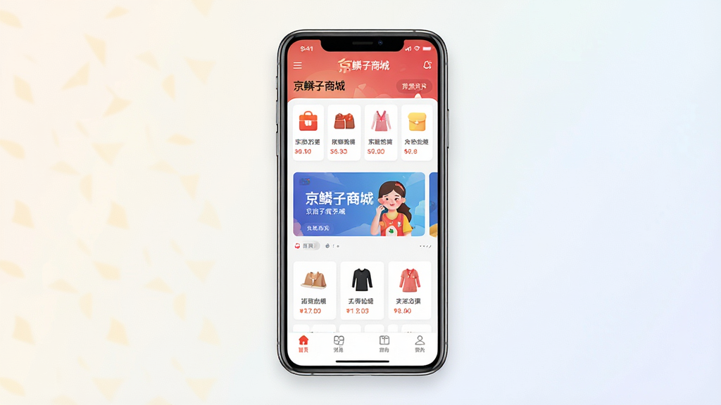 一张展示手机购物应用界面的图片,画面中央是一部智能手机,屏幕上显示着“京鳞子商城”的首页,包含商品分类图标、轮播横幅和底部导航栏,背景为浅色渐变,风格现代简洁,细节清晰,画质干净,无多余元素