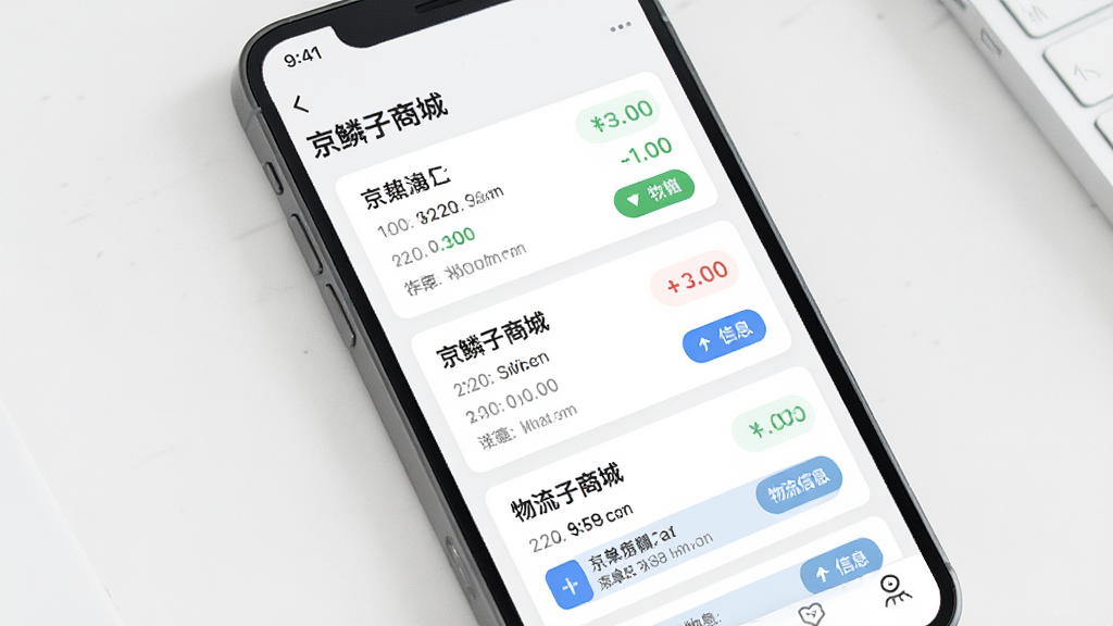 一张手机应用订单管理页面的图片,画面中手机屏幕显示“京鳞子商城”的订单列表,包含不同状态的订单卡片和物流信息按钮,界面干净,风格简约,画质清晰,无多余元素