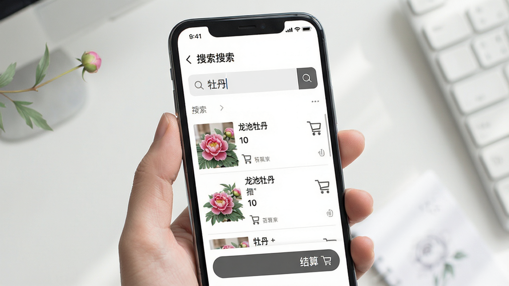 手机屏幕显示“龙池牡丹”搜索与购物车界面,搜索框内有“牡丹”关键词,下方显示购物车商品列表与结算按钮,风格清爽素雅,细节清晰,画质干净,无多余元素