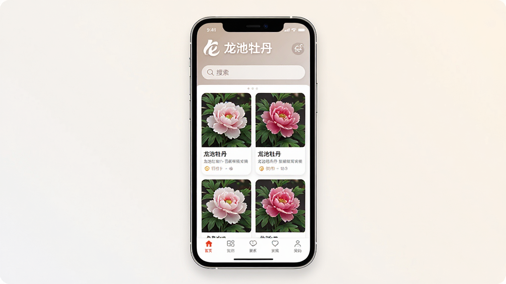 画面中央是一部智能手机,屏幕显示“龙池牡丹”应用首页界面,上方为品牌标识与搜索栏,中部为牡丹产品卡片式布局,底部为导航菜单,背景为浅色渐变,风格简洁现代,细节清晰,画质干净,无多余元素