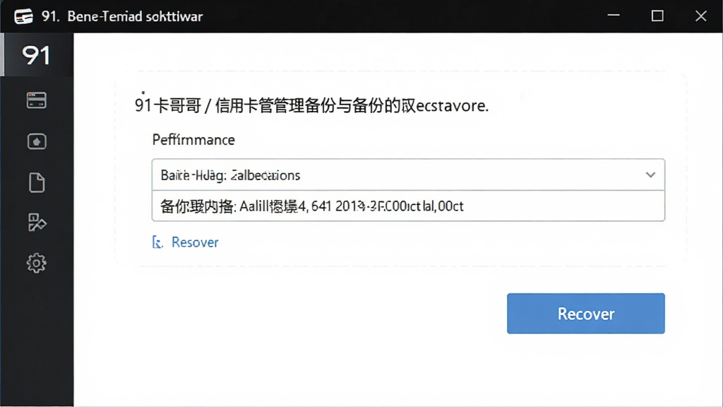一张展示91卡哥信用卡管理软件备份与恢复功能界面的图片,画面中有备份路径选择框和恢复按钮,界面简洁,背景为白色,风格清爽,画质清晰,无多余元素