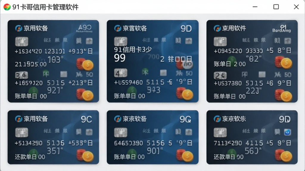 一张展示多张信用卡整齐排列在软件界面中的图片,每张卡片显示银行名称、尾号、账单日和还款日,卡片以卡片式布局呈现,背景为浅灰色,整体风格简洁商务,画质清晰,无多余元素,图片中文字“91卡哥信用卡管理软件”