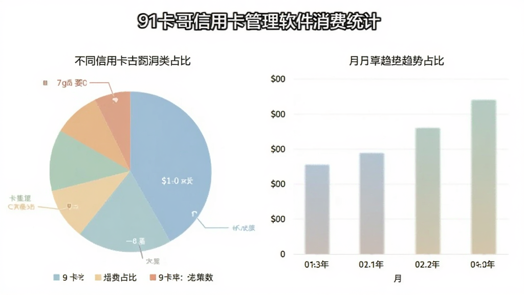 一张展示91卡哥信用卡管理软件消费统计图表的图片,画面中有饼状图和柱状图,分别显示不同消费类别的占比和月度趋势,图表颜色柔和,背景为白色,整体风格清新简洁,画质清晰,无多余元素