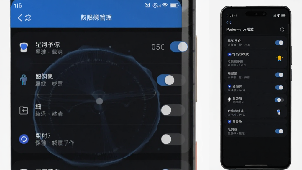 星河予你 手机设置界面截图 画面展示权限管理与性能模式选项 布局为竖屏列表 排版清晰 风格为深色主题与蓝色高亮 细节包含开关按钮、文字说明、图标 画质高清 干净 无多余元素