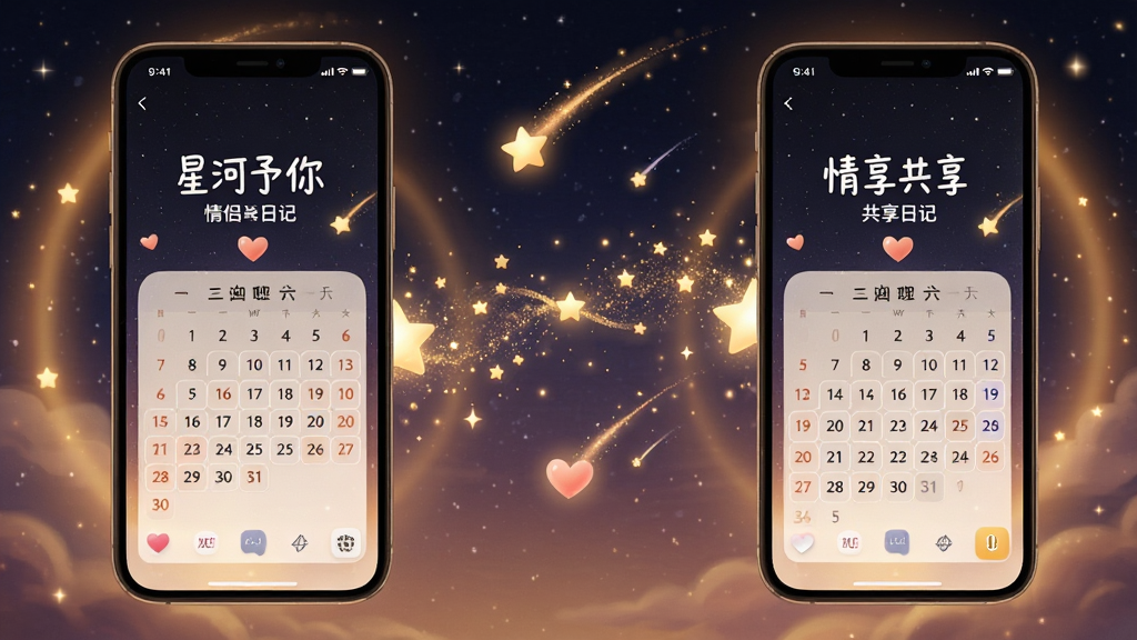 星河予你 情侣共享日记界面 画面左右各有一部手机屏幕 中间由星光连接 布局为对称双屏展示 排版温馨 风格为梦幻星空与暖色光晕 细节包含流星、爱心、共享日历 画质高清 干净 无多余元素