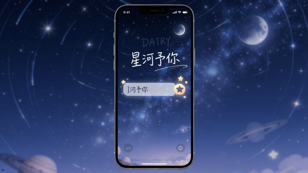 星河予你 手机屏幕显示星空背景下的日记界面 画面中央是发光的输入框和星星图标 布局为竖屏手机展示 排版简洁 风格为深空蓝渐变与柔光粒子 细节包含星轨、月亮、手写字体 画质高清 干净 无多余元素