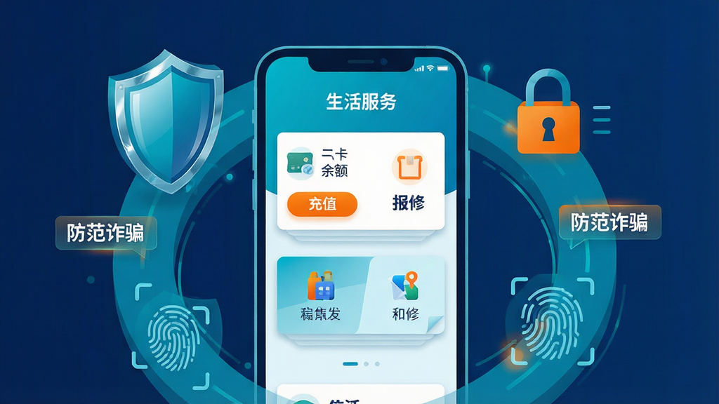 i厦技生活服务与安全防护功能展示图。主体为一部手机,屏幕中展示“生活服务”页面,包含一卡通余额、充值按钮、报修入口等卡片。手机周围环绕着盾牌、锁、指纹识别等安全图标,以及“防范诈骗”文字标签。布局采用环绕式构图,手机居中。风格为科技感扁平插画,色调以深蓝和青色为主,点缀亮橙色。细节上,盾牌有反光质感,卡片有轻微投影。画质高清,画面简洁,无多余装饰元素。