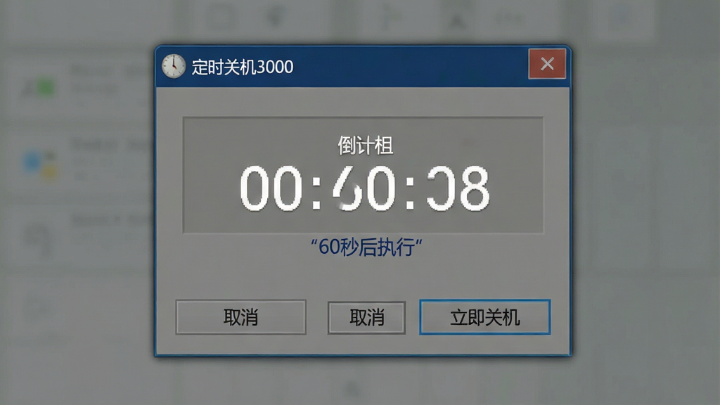 һ�Ų���ʾ��ͼ�������ǡ���ʱ�ػ�3000�����������ѵ������棬����Ϊ���е������Ϸ����⡢�м䵹��ʱ���֡��·�������ť���Ű��࣬���ΪWindowsԭ���Ի�����ϸ�ڰ���ʱ��ͼ�ꡢ����ʱ���֡�ȡ����ť�������ػ���ť����������ʾ���֡���ʱ�ػ�3000���������ػ�����60���ִ�С���ȡ�����������ػ�������������������ɾ����޶���Ԫ��