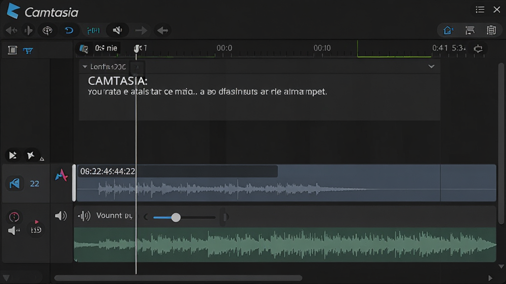 Camtasia��Ļ����Ƶ�༭���棬�����·���ʾ��Ļ�������Ƶ���Σ������г���Camtasia��ʶ����Ļ�ı������ڱ༭����Ƶ�������ʾ������������ڻ��飬����Ϊ��ɫ�������棬���רҵϸ�£�ϸ�ڰ�������ͼ����Ļʱ���롢��Ƶ��Чͼ�꣬���ʸ��壬�ɾ����޶���Ԫ��