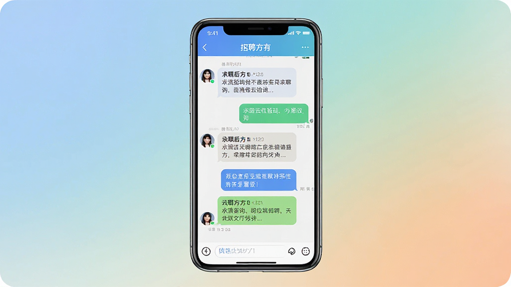 һ��չʾ˫������ƸAPP���������ֻ���ͼ���ͼƬ�������������ֻ���Ļ����Ļ����ʾ����ְ������Ƹ���ĶԻ����ݣ��Ի������漰��λ��ѯ���������ֻ����У�����Ϊ��͵Ľ���ɫ�����Ϊ����UIչʾͼ��ϸ�ڰ����������������ݺ�����򣬻����������ɾ����޶���Ԫ��
