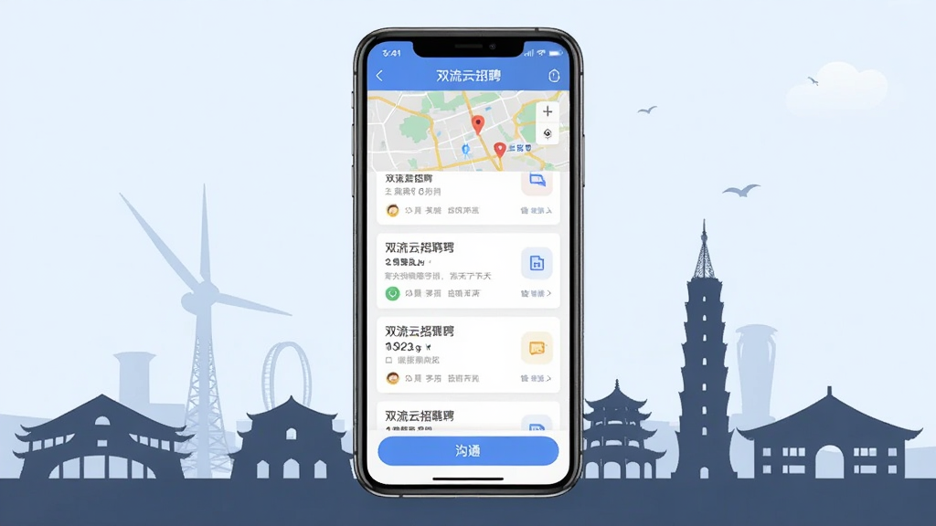һ��չʾ˫������ƸAPP���Ľ�����ֻ�����ͼ�������������ֻ���Ļ����Ļ����ʾ��Ƹ��λ�б��͵�ͼ�ҹ����Ľ��棬�����ǳɶ�˫�����ĵر꽨����Ӱ�����岼�ּ�����죬���ñ�ƽ����Ʒ��ϸ����ͻ��ְλ��Ƭ�͹�ͨ��ť�������������ɾ����޶���Ԫ��