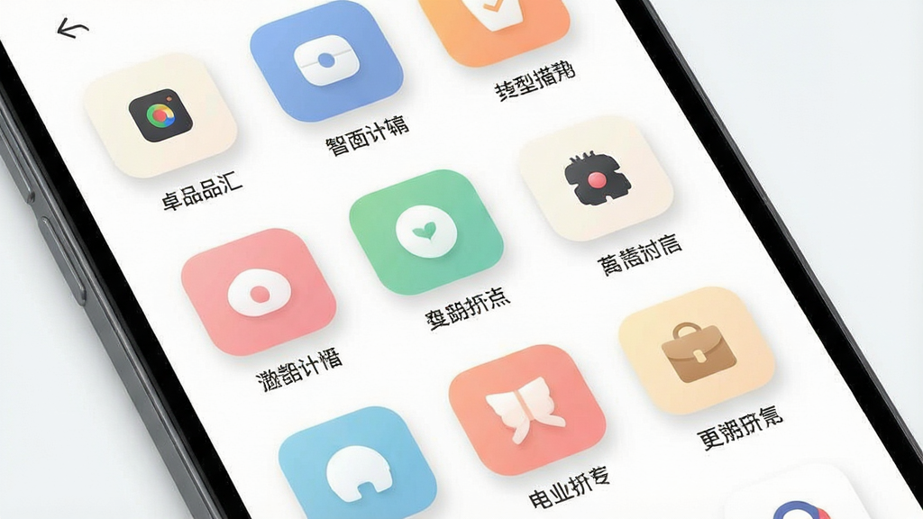 һ��չʾ׿Ʒ��APP��Ʒ����ҳ���ͼƬ�������������ֻ���Ļ��д����Ļ����ʾ�����Ʒ����ͼ���������У�ÿ��ͼ���·������ֱ�ǩ������Ϊǳɫ�����Ϊ���¼�Լ���ƶ���UI��ƣ�ϸ�ڰ���ͼ����Ӱ��Բ�Ǿ��Ρ������������֣����������ɾ��޶���Ԫ��