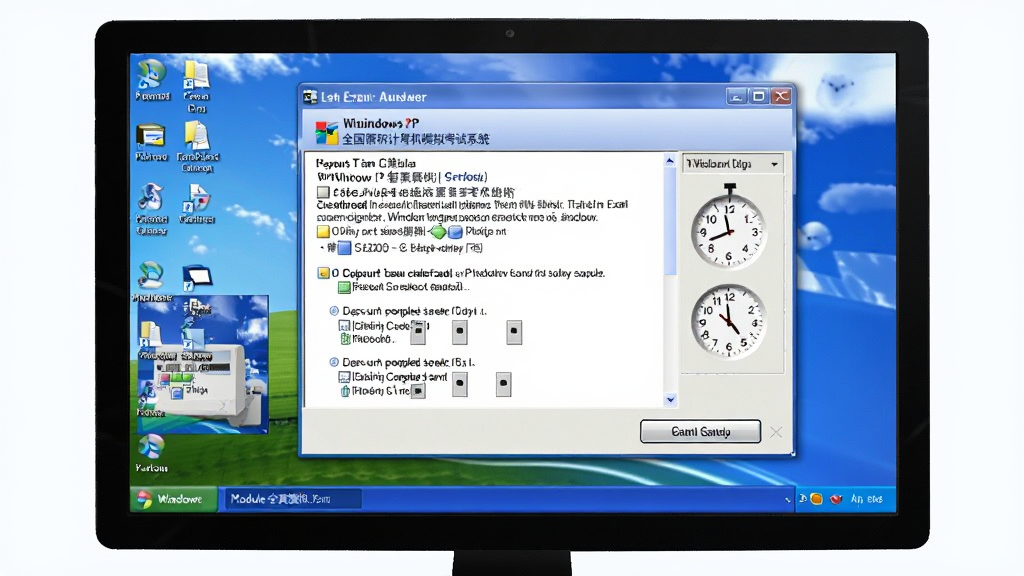һ��չʾ�ǿ���Ʒȫ��ְ�Ƽ����ģ�⿼��ϵͳWindows XPģ��ȫ��ģ�⿼�Խ����ͼƬ�������е�����Ļ��ʾģ�⿼�Դ��ⴰ�ڣ���������Windows XP��������⡢ѡ����ͼ�ʱ������Ļ�·��н�����ť�����岼�ֲ��������Լ���ϸ�����������ʸ��壬�ɾ��޶���Ԫ��
