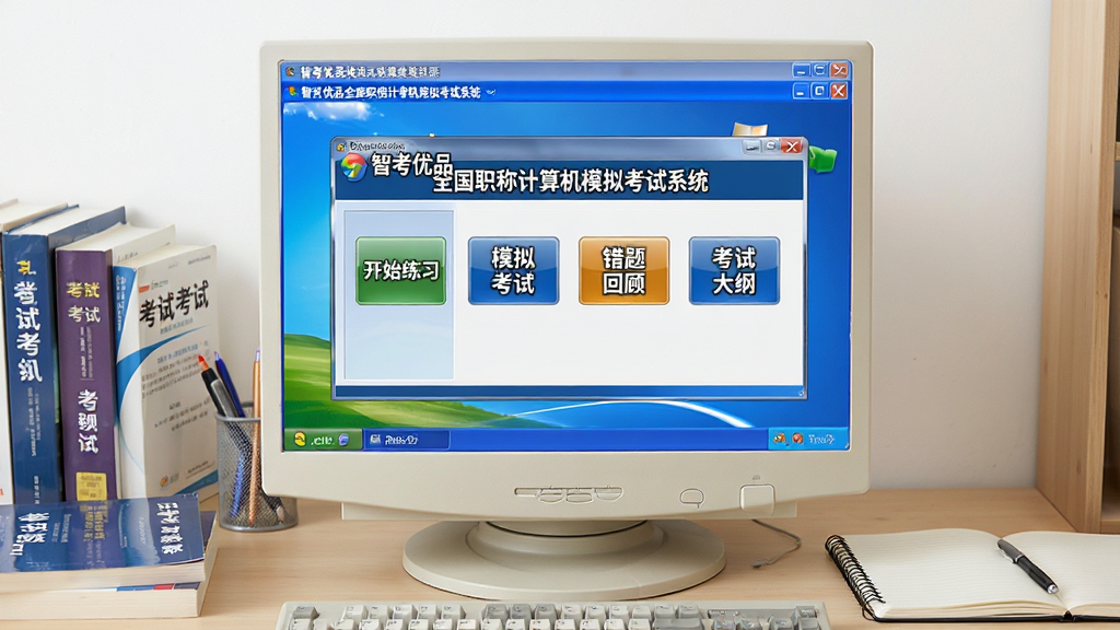 һ��չʾ�ǿ���Ʒȫ��ְ�Ƽ����ģ�⿼��ϵͳWindows XPģ�������������ͼƬ�����������ǵ�����Ļ����Ļ����ʾ����������Ĺ��ܵ�����壬������ʼ��ϰ��ģ�⿼�ԡ�����عˡ����Դ�ٵȰ�ť����Ļ��Χ��Windows XPϵͳ���Ĵ��ڱ߿򣬱�����������������������Ϸ��ſ��Խ̲ĺͱʼǱ���������дʵ��������רҵ�����ʸ��壬�ɾ��޶���Ԫ��
