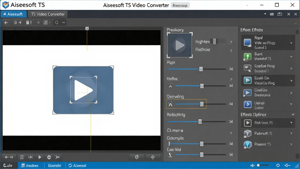 һ�ű���Aiseesoft TS Video Converter��Ƶ�༭���ܵ�ͼƬ������Ϊ�����༭��壬����Ϊ���Ԥ�����Ҳ������������Чѡ��Ű����������Ϊרҵ���߷磬ϸ�����������ơ�Aiseesoft TS Video Converter����ʾ������Ϸ����вü������ȵ�������Ԫ�أ����ʸ��壬�ɾ����޶���Ԫ��