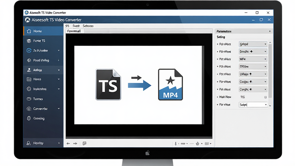 һ��չʾAiseesoft TS Video Converter���������ͼƬ������Ϊ������Ļ�д򿪵��������ڣ�����Ϊ��๦�ܵ��������м���ƵԤ�������Ҳ����������壬�Ű��������������Ϊ�ִ��Ƽ��У�ϸ�ڰ����������ơ�Aiseesoft TS Video Converter����ʾ�ڱ���������������TS��ʽͼ����MP4��ʽͼ��֮���ת����ͷ�����ʸ��壬�ɾ����޶���Ԫ��