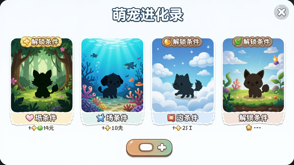 萌宠进化录主题场景解锁界面图,画面展示多个不同风格的游戏场景缩略图,包括森林、海底、云端等,每个场景中有对应的萌宠剪影,风格为清新卡通,细节包括解锁条件标签、场景名称、切换按钮,画质清晰,干净,无多余元素