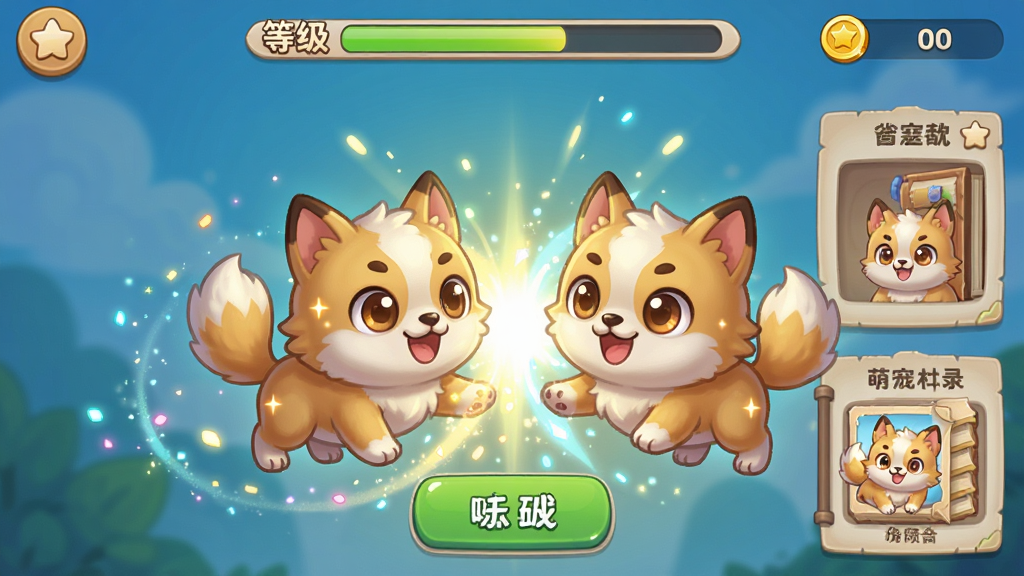 萌宠进化录合成进化玩法展示图,画面中两只相同的卡通萌宠正在融合,周围有光芒和粒子特效,背景是游戏内的合成界面,上方显示等级进度,风格为休闲手游UI,细节包括合成按钮、金币数量、宠物图鉴入口,画质清晰,干净,无多余元素