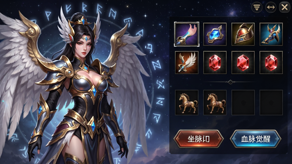 ����ǿ�߽�ɫ���ɽ��棬�������չʾһλ������������װ����Ů�Խ�ɫ���Ҳ�����װ��������ʯ�ۡ���������Ѫ�����Ѱ�ť�����汳��Ϊ�ǿ���Ư���ķ��ģ����Ϊ�������ÿƼ��У����沼��������ͼ�꾫�£�����ϸ�壬�ɾ��޶���Ԫ��