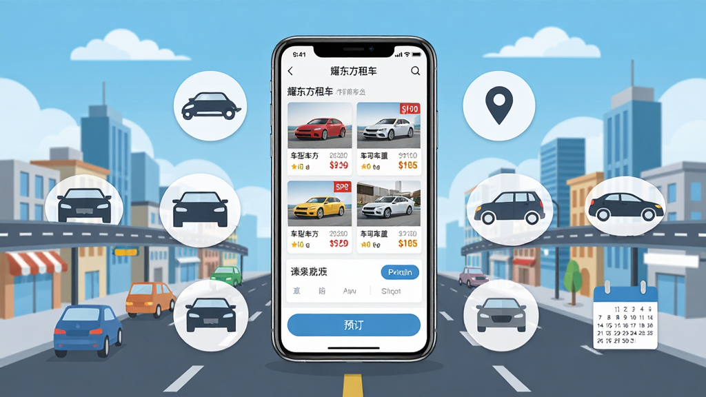 һ��չʾҫ�����⳵�ֻ�Ӧ�ý����ȫ��ͼ������������һ�������ֻ�����Ļ��ʾҫ�����⳵APP��ҳ�����������б����۸��ǩ��Ԥ����ť���ֻ���Χ�����Ÿ�������ͼ��ͳ��е�·Ԫ�أ������Ƿ����ĳ��н־���������ƣ����岼���������Ű����ִ������Ϊ��ƽ���Ƽ��磬ϸ�ڰ���������������λͼ�ꡢ����ѡ�����ȣ����ʸ��壬�ɾ��������޶���Ԫ��