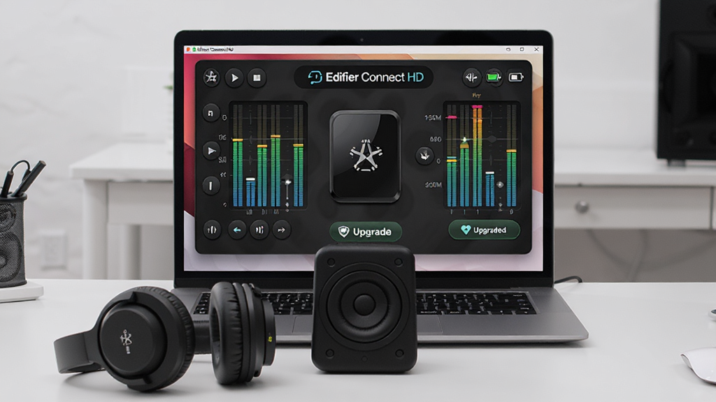 �������ơ�Edifier Connect HD����ʾ��һ̨�ʼǱ�������Ļ�ϣ���Ļǰ���ڷ�һ����ɫͷ��ʽ������һ��С���������䣬�����Ǹɾ�������ִ����������岼�־��жԳƣ����Ϊдʵ�����Ʒ��Ӱ��ϸ�ڰ�����Ļ�ϵľ��������桢�豸����ͼ�ꡢ�̼�������ť������������������ͣ�����ɾ����޶���Ԫ��
