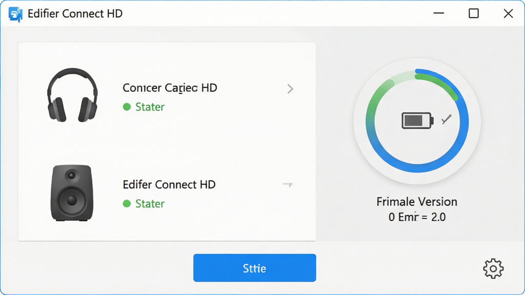 һ��дʵ�������������ͼ�����������ǡ�Edifier Connect HD����������壬�����ʾ�����ӵĶ���������ͼ�꣬�Ҳ�չʾ�������͹̼��汾�ţ�������ɫ�԰�ɫ��ǳ��ɫΪ������ť������ɫ���������ּ��ֱ�ۣ����Ϊ�ִ���ƽ����ƣ�ϸ�ڰ����豸�������֡�����״ָ̬ʾ�ơ����ó���ͼ�꣬���ʸɾ��������޶���װ��Ԫ��