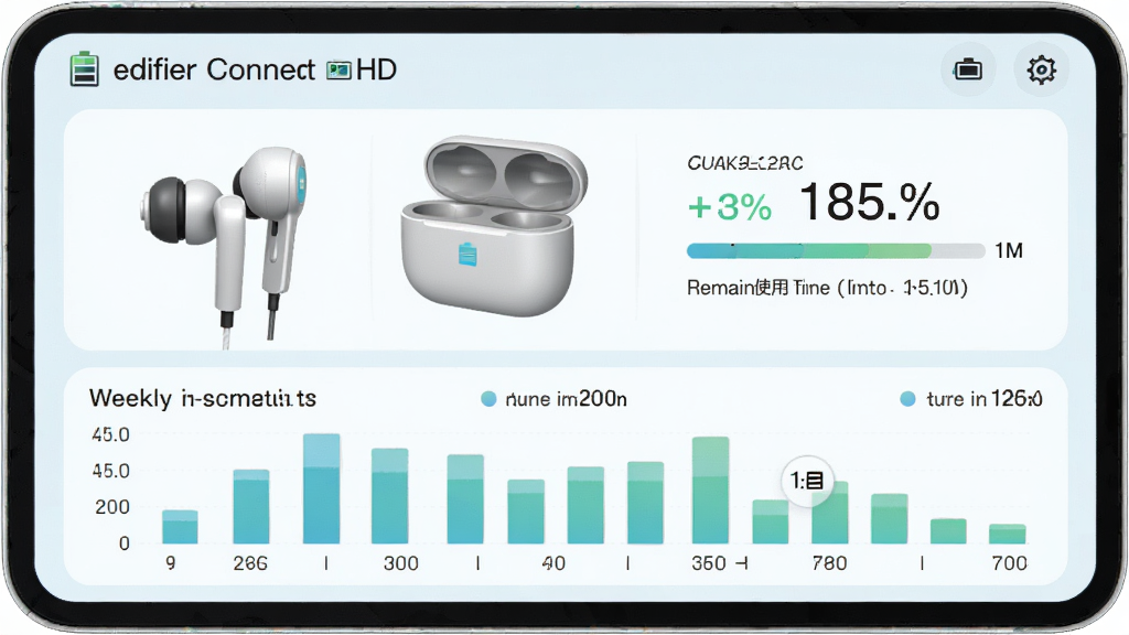 һ�š�Edifier Connect HD��������ؽ����ͼƬ��������չʾ�����ͳ��е�3Dͼ�꣬�Ա��е����ٷֱ����ֺ�ʣ��ʹ��ʱ�����֣��·�����״ͼ��ʾһ��ʹ��ʱ�������Ϊ����ǳɫ��Ƭʽ���֣�ϸ�ڰ������ͼ�ꡢʱ��̶ȡ�ͳ�����֣����ʸɾ��������޶���װ��