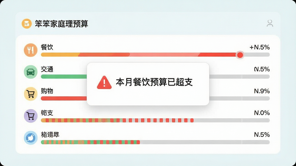 ������ͥ����Ԥ����������ͼ��񣬻���չʾԤ����������볬֧���ѵ�����������в�������ͨ������ȷ�������������ֽ�������ʾ��ɫԤ������������Ϊ�����²���Ԥ���ѳ�֧����������Ϊ��ˬǳɫϵ�����ֹ�����ϸ�ڰ������ְٷֱȡ�ͼ���ʶ�����ʸ��壬�ɾ����޶���Ԫ��