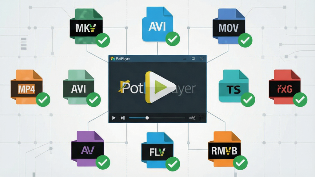 һ��չʾPotPlayer���ʽ����������ʾ��ͼ������������PotPlayer����ͼ��Ͳ��Ŵ��ڣ���Χ�����Ÿ�����Ƶ��ʽ��ͼ���ǩ��MKV��MP4��AVI��MOV��FLV��RMVB��TS�ȣ�ÿ����ʽͼ���Ա���һ����ɫ�ĶԹ���Ǳ�ʾ֧�֣�����Ϊǳ��ɫ�Ƽ������񣬷��Ϊ��ƽ����Ϣͼ��ϸ�ڰ���ͼ����״����ɫ���֡����ֱ�ǩ�����������ɾ����޶���Ԫ��