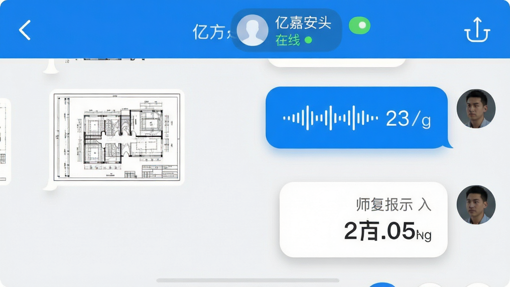 ��ͼ��ʾ�ʣ���������Ϊ�ڼΰ�APP������棬�����ʾ��Ŀ�����͵�ʩ��ͼֽ����ͼ���Ҳ���ʾʦ���ظ���������Ϣ���ݺͱ������֣�������ʾ�Է��ǳƺ�����״̬������Ϊ�������촰����ʽ�����Ϊ����ƶ���UI��ϸ������Ϣ���ݴ��������Ӱ�����ʸ��壬�ɾ����޶���Ԫ��