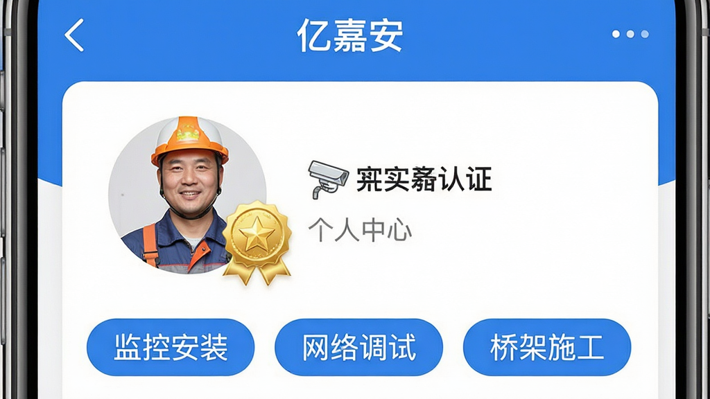 ��ͼ��ʾ�ʣ���������Ϊ�ڼΰ�APP��������ҳ�棬չʾһλʩ��ʦ����ͷ���ʵ����֤���£��·����ж�����ܱ�ǩ�硰��ذ�װ����������ԡ����ż�ʩ����������Ϊ���½ṹ�����ΪдʵUI���ϸ������֤���´��н�ɫ���󣬱�ǩΪ��ɫԲ�Ǿ��Σ����ʸ��壬�ɾ����޶���Ԫ��