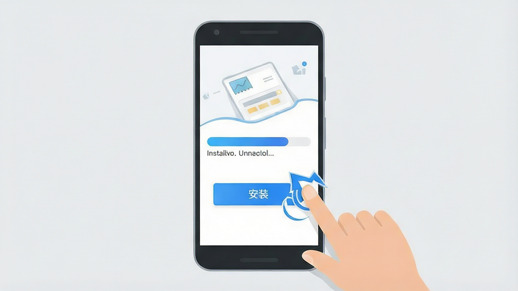 һ��չʾ��׿�ֻ���װ�ڼΰ�APP���̵�ʾ��ͼ���������ֻ���Ļ��ʾ��װ�������͡���װ����ť���Ա�����ָ����Ķ���Ч��������Ϊǳ��ɫ������Ϊ�ֻ����У����Ϊ��ƽ���̳̲廭��ϸ���Ͻ�����Ϊ��ɫ���䣬���ʸ��壬�ɾ����޶���Ԫ��