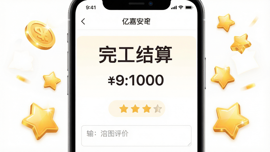 ��ͼ��ʾ�ʣ���������Ϊ�ڼΰ�APP����ҳ�棬������ʾ���깤���㡱���ֺͽ�����֣��·��������Ǽ���ť�������������ΧƯ����Һ�����ͼ�꣬����Ϊ���жԳ�ʽ�����Ϊϲ���Լ�磬ϸ���Ͻ�Ҵ��и߹ⷴ�䣬���ʸ��壬�ɾ����޶���Ԫ��