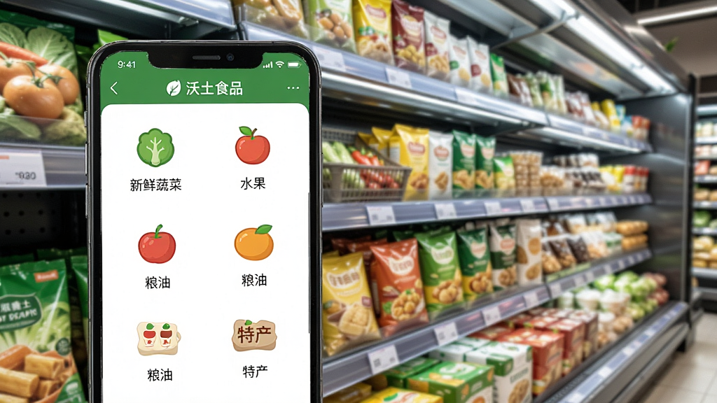 һ��չʾ����ʳƷAPP��Ʒ����ҳ�����ͼ�������������ֻ���Ļ��д����Ļ����ʾ����ʳƷ�Ķ����Ʒ������ڣ����������߲ˡ�ˮ�������͡��ز���ͼ�꣬�ֻ������ڳ��л���ǰ�������ϰ�������ʳƷ������ִ�����������������ɾ����޶���Ԫ��