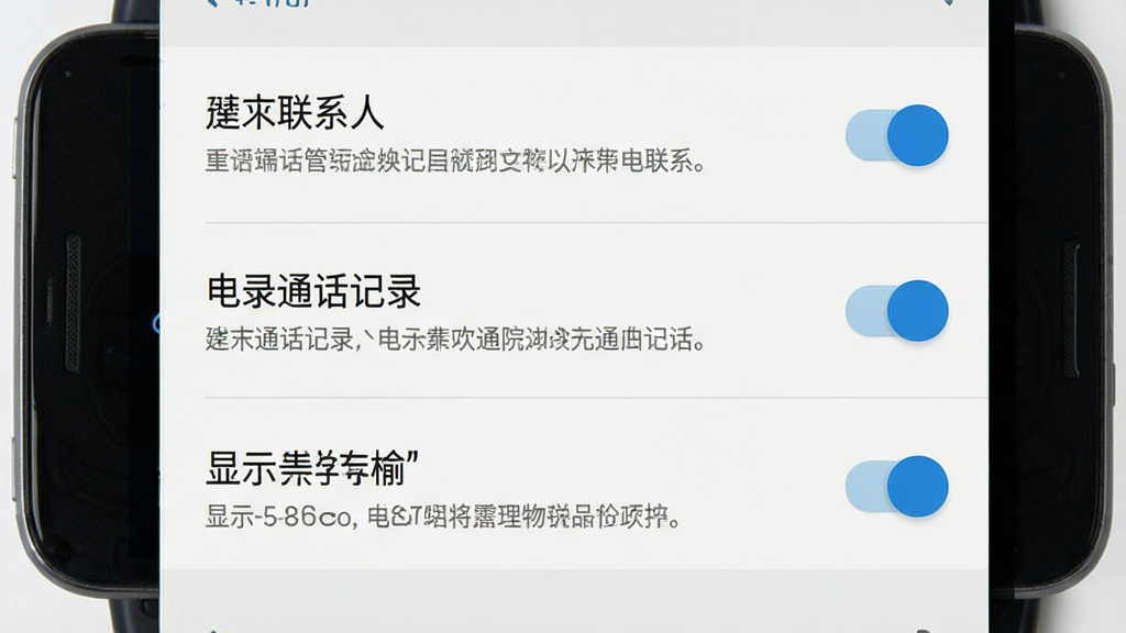 һ��չʾ�绰��Ƭ����ϵͳ���ֻ���Ȩ�����ý����ͼƬ������Ϊ�ֻ���Ļ��ͼ�����ʾӦ��Ȩ�޹���ҳ�棬������ȡ��ϵ�ˡ���ȡͨ����¼����ʾ��������Ȩ�޿��أ�����Ϊ��׿ԭ�����÷����ɫΪ��ɫ��ǳ�ң�ϸ�ڰ���Ȩ��˵�������뿪��״̬����������������ɾ����޶���Ԫ��