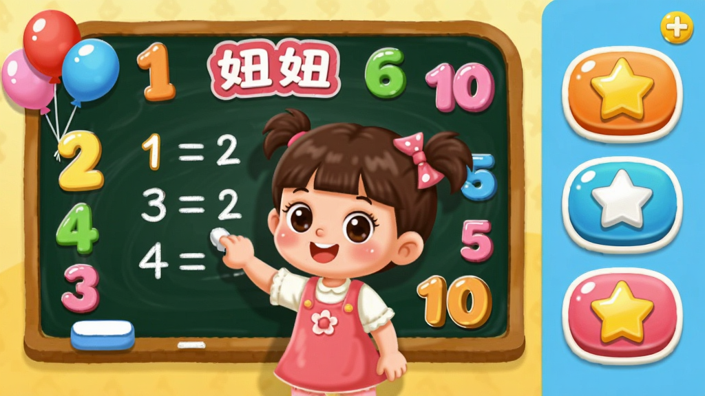 ������չʾ������ѧ�������棬�������һ����ͨСŮ����ɫ���椡����ںڰ�ǰд�����⣬��Χ��������1��10�ͼӼ����ţ�����Ϊ��������ͼ���Ű�������ҷ������Ϊѧϰ�����Ҳ�Ϊ���ܰ�ť�����Ϊ������ͨ��ͯ�廭�磬ϸ�ڰ�����ɫ�������ǽ���ͼ�ꡢԲ�����尴ť�����ʸ��塢����ɾ����޶���Ԫ��