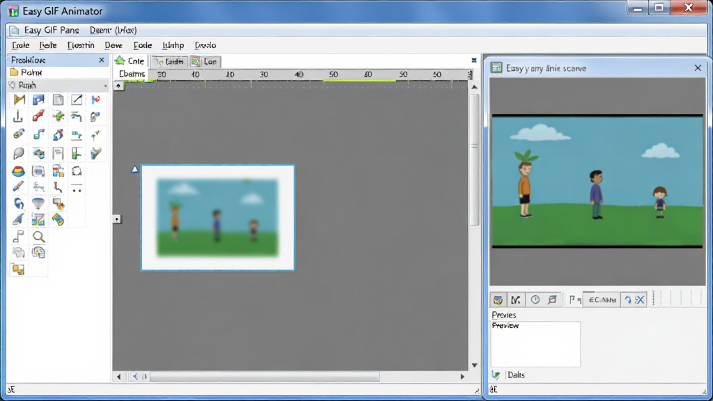 һ��չʾ Easy GIF Animator �����������ͼƬ�����������������������ڣ����Ϊ��������壬�м�Ϊ����֡�༭�����Ҳ�ΪԤ�����ڣ���������ʾһ�μ򵥵Ķ�̬GIF����Ԥ��Ч����������Ϊ���ĵ������������ͼ���ϸ�����������ʸɾ����޶���Ԫ��