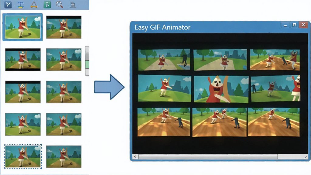 һ��չʾ Easy GIF Animator �������ͼƬ���ϳ�GIF������ʾ��ͼ����������������Ŷ��ž�̬ͼƬ����ͼ���м��м�ͷָ���Ҳ��GIF����Ԥ�����ڣ���������ʾ����֡���У�������Ϊ��ƽ���Ƽ��廭���ɫ��������ϸ�����������ʸɾ����޶���Ԫ��