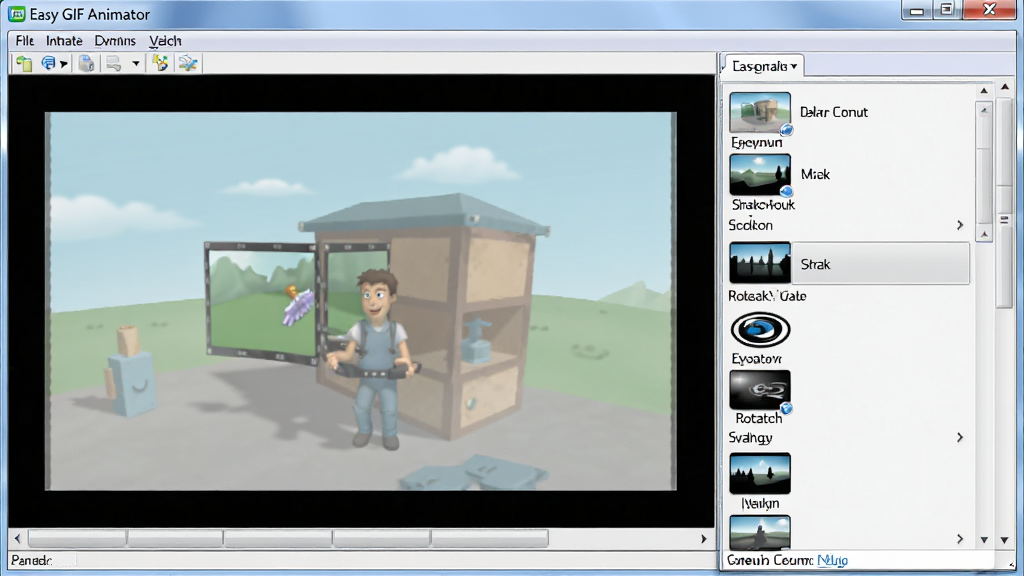 һ��չʾ Easy GIF Animator ������Ч����ͼƬ�����������������Ҳ�չ����Чѡ��˵����˵����г����뵭�������š���ת�ȶ�����Чѡ����Ԥ������չʾӦ����Ч��Ķ���Ч����������Ϊ���������ͼ���ϸ�����������ʸɾ����޶���Ԫ��