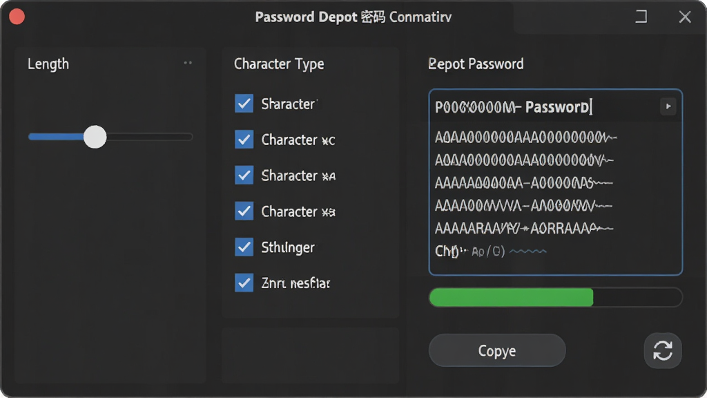 Password Depot�������������棬����Ϊ������������������壬���ֲ��������������ṹ�����Ϊ���Ȼ��飬�м�Ϊ�ַ����͹�ѡ��Ҳ�Ϊ���ɵĸ�������չʾ���Ű��������򣬷��Ϊ��ɫרҵ���߽��棬ϸ�ڰ���ǿ��ָʾ����ʾ��ɫ��ȫ�����ư�ť��ˢ��ͼ�꣬���ʸ��壬�ɾ����޶���Ԫ��