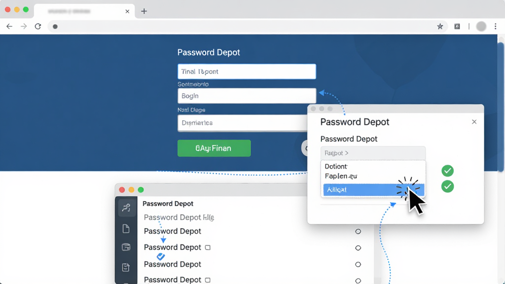 Password Depot�Զ���书��ʾ��ͼ������Ϊ�������¼ҳ����Password Depot������䴰�ڵĽ������������ֲ������·ֲ���ƣ��Ϸ�Ϊ��ҳ�������·�Ϊ������佨���б����Ű��������ˣ����Ϊ��ƽ���ִ�UI���ϸ�ڰ������ָ�������ѡ���ɫ�Թ�ȷ��ͼ�꣬���ʸ��壬�ɾ����޶���Ԫ��