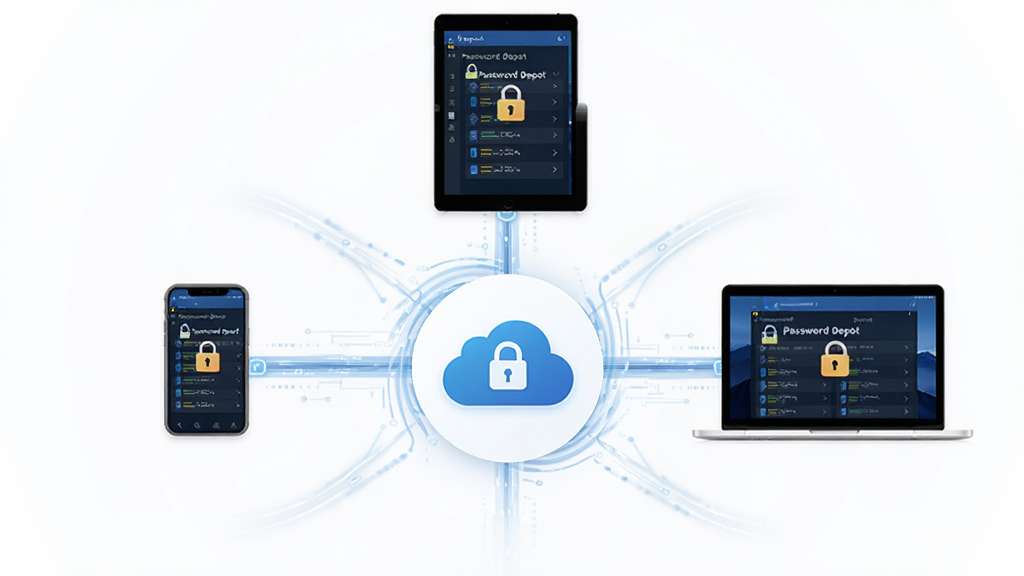 Password Depot���豸ͬ��ʾ��ͼ������Ϊ������ͬ��ͼ�������ֻ���ƽ�塢�ʼǱ�������̨�豸�����ֲ���Բ�η���״���У��Ű����Գƣ����Ϊ��Լ����Ƽ��磬ϸ�ڰ���ÿ̨�豸��Ļ��ʾPassword Depot���桢�����������������ΰ�ȫ��ʶ�����ʸ��壬�ɾ����޶���Ԫ��