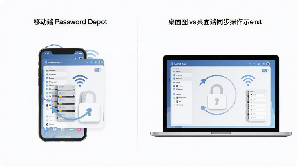 Password Depot�ƶ����������ͬ������ʾ��ͼ������Ϊ�ֻ��ͱʼǱ����Բ���չʾPassword Depot���棬���ֲ������ҶԱ����У��Ű��࣬���Ϊ�ִ���ƽ����ƣ�ϸ�ڰ���ͬ����ͷͼ�ꡢWiFi�źű�ʶ��������ͼ�������ʸ��壬�ɾ����޶���Ԫ��