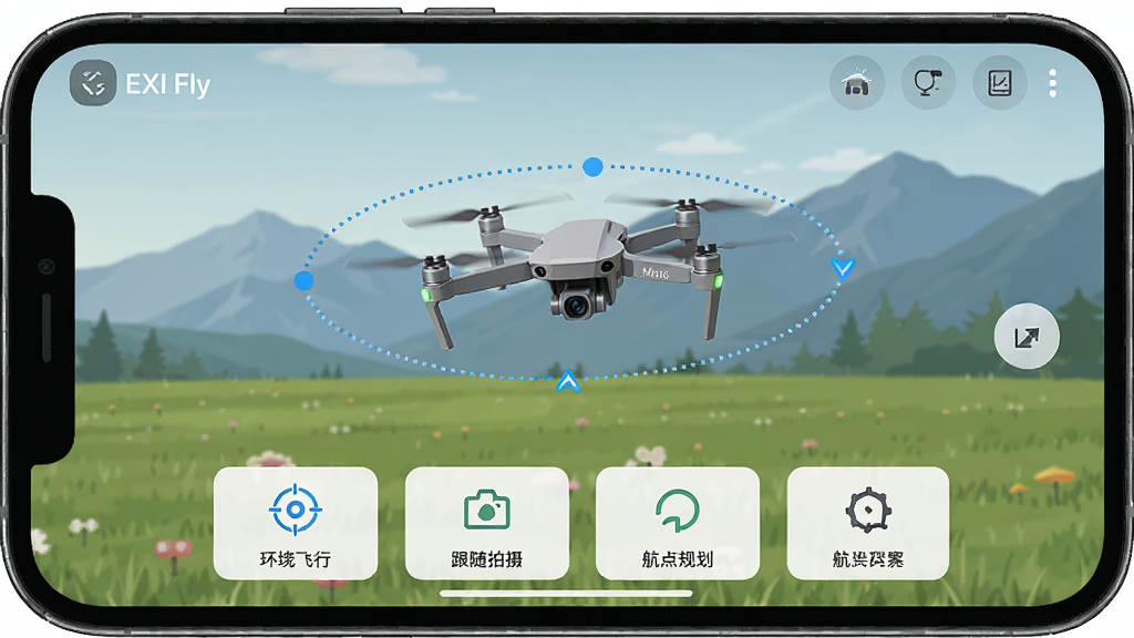 �ֻ���Ļ��ʾEXI Fly�����е����ܷ���ģʽѡ����棬�������л��Ʒ��С��������㡢����滮��ͼ�갴ť������Ϊ����ݵ���Զɽ��һ�����˻����ڿ���ִ�л��Ʒ��й켣�����Ϊ��ƽ���Ƽ��磬ϸ�ڰ����켣���ߡ�ģʽ�������֣����ʸ��壬�ɾ����޶���Ԫ��